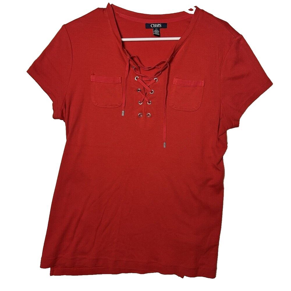 Chaps Red Lace Up Top Women's L Short Sleeve Cotton Machine Wash-236